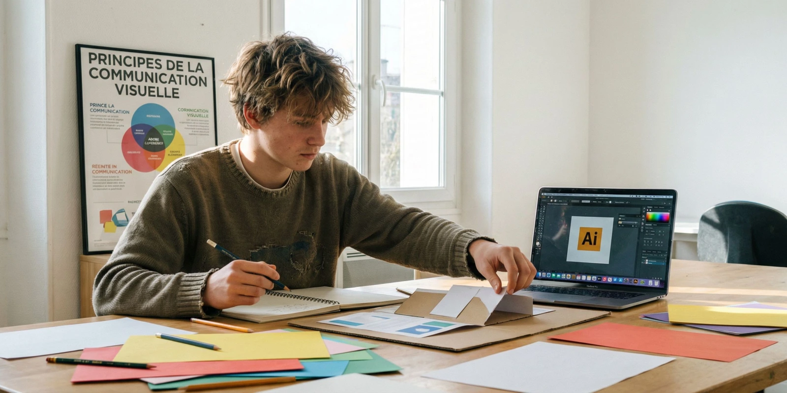BTS ERPC 2026 : programme, admission et débouchés Étudiant en BTS ERPC travaillant sur un projet de communication graphique en atelier