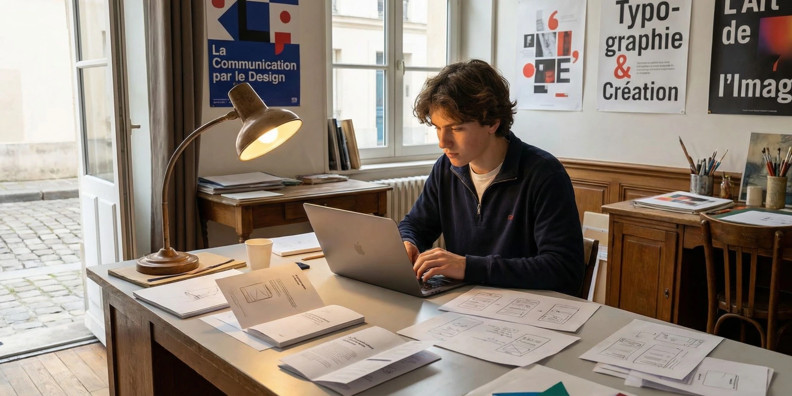 Intégrer un BTS ERPC en 2026 : Processus et conseils Étudiant en BTS ERPC travaillant sur un projet de communication graphique en atelier